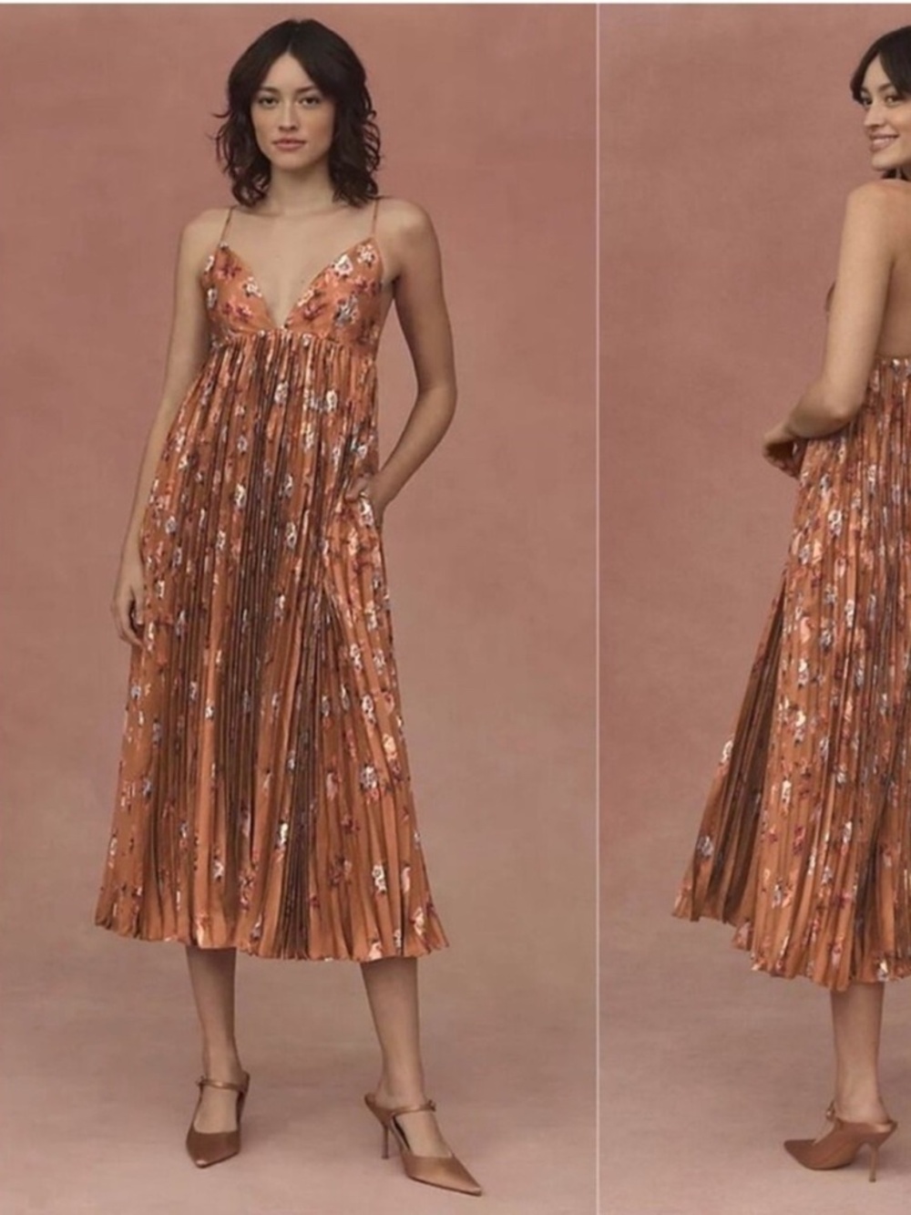 Anthropologie Copper Floral Pleated Midi Dress with Spaghetti Straps